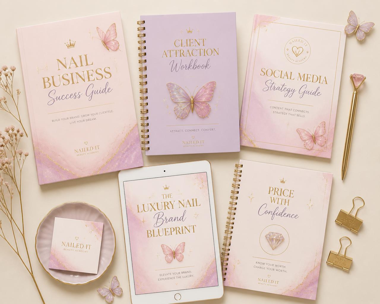 B-Fly Nails digital bundle featuring blueprints, workbooks and planners